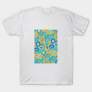 A vibrant pattern with blue and orange shapes reminiscent of retro designs T-Shirt